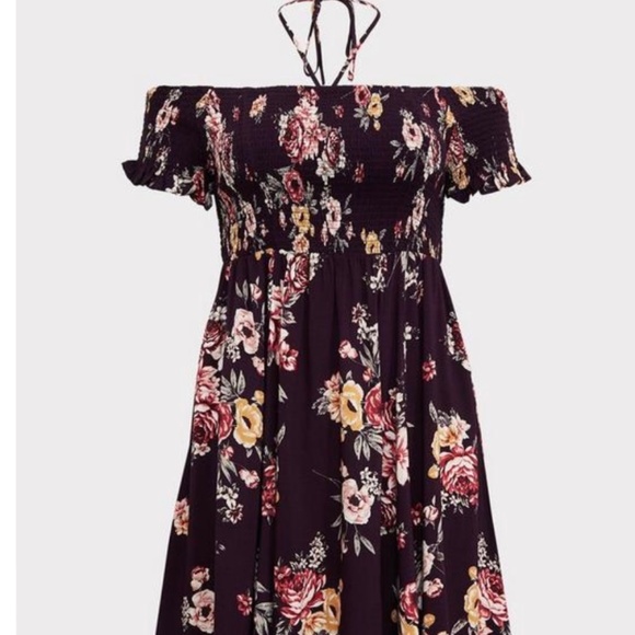 torrid Dresses & Skirts - Burgundy Purple Floral Halter Smocked Halter Dress